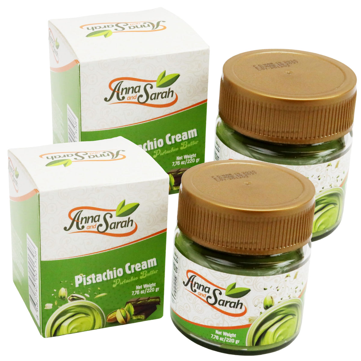 Anna and Sarah pistachio butter cream in an open glass jar, rich aroma and creamy spreadability