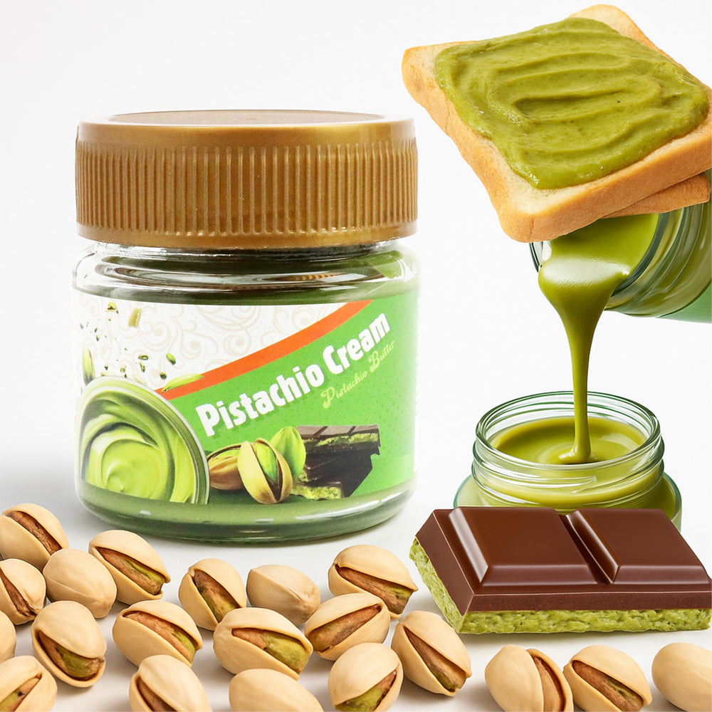 Close-up shows roasted pistachios blended into a velvety paste