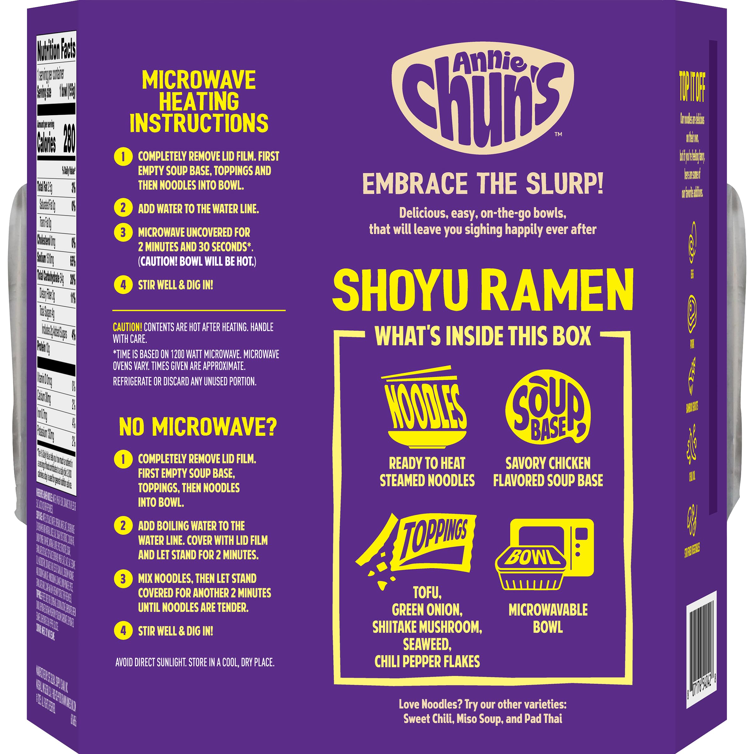 Annie Chun's Ramen Soup Bowl Shoyu ingredients panel signals quality components for flavorful broth.