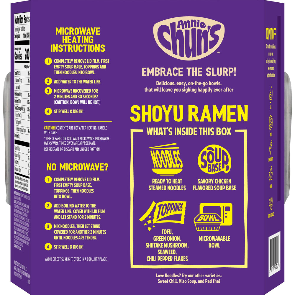 Annie Chun's Ramen Soup Bowl Shoyu ingredients panel signals quality components for flavorful broth.