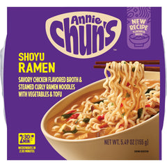 Annie Chun's Ramen Soup Bowl Shoyu packaging highlights premium ingredients for quick meals.