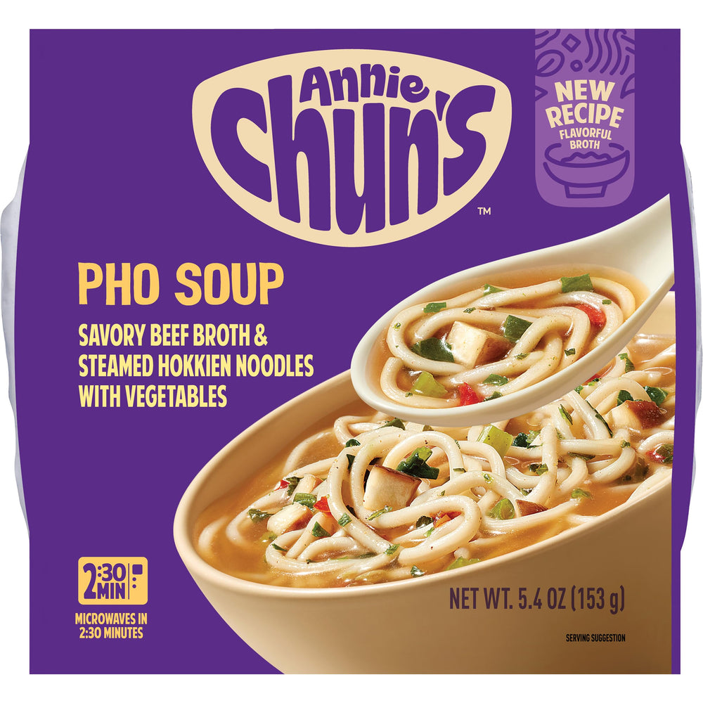 Annie Chun's Soup Bowl Pho packaging highlights premium ingredients for quick, comforting meals.