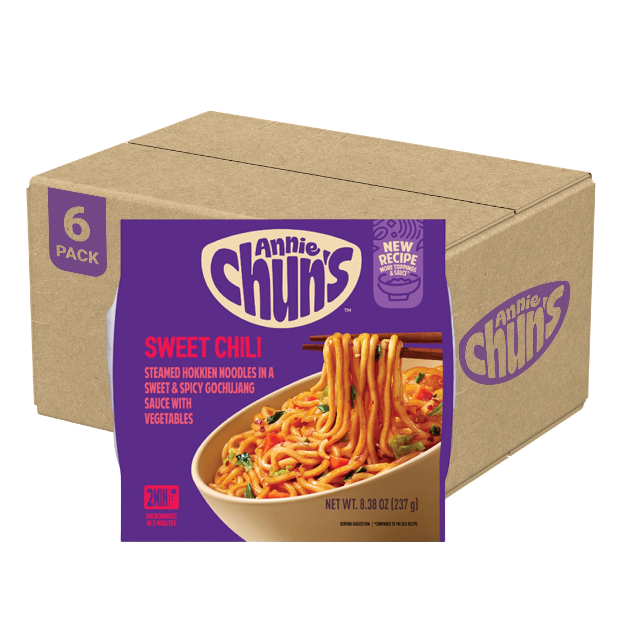 Annie Chun's Sweet Chili Noodle Bowl packshot shows a convenient, ready-to-heat meal.