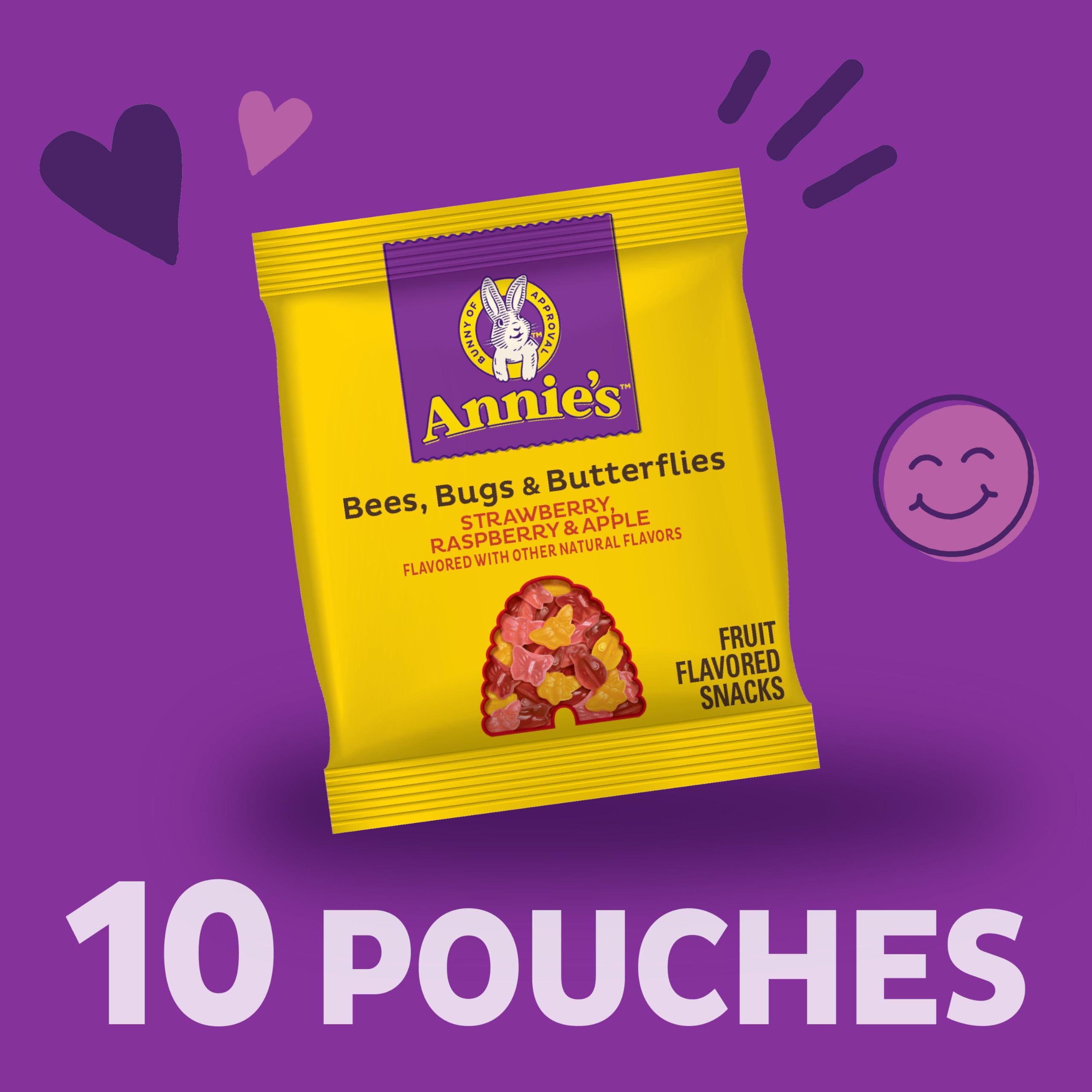 Annie's gummies close-up highlighting strawberry, raspberry, and apple flavors