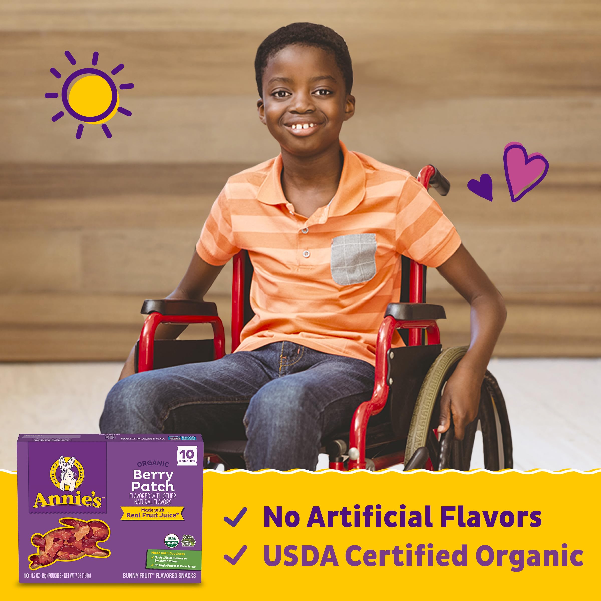 Annie's Berry Patch Bunny Snacks label shows certified organic and vegan, gluten-free.