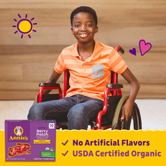 Annie's Berry Patch Bunny Snacks label shows certified organic and vegan, gluten-free.