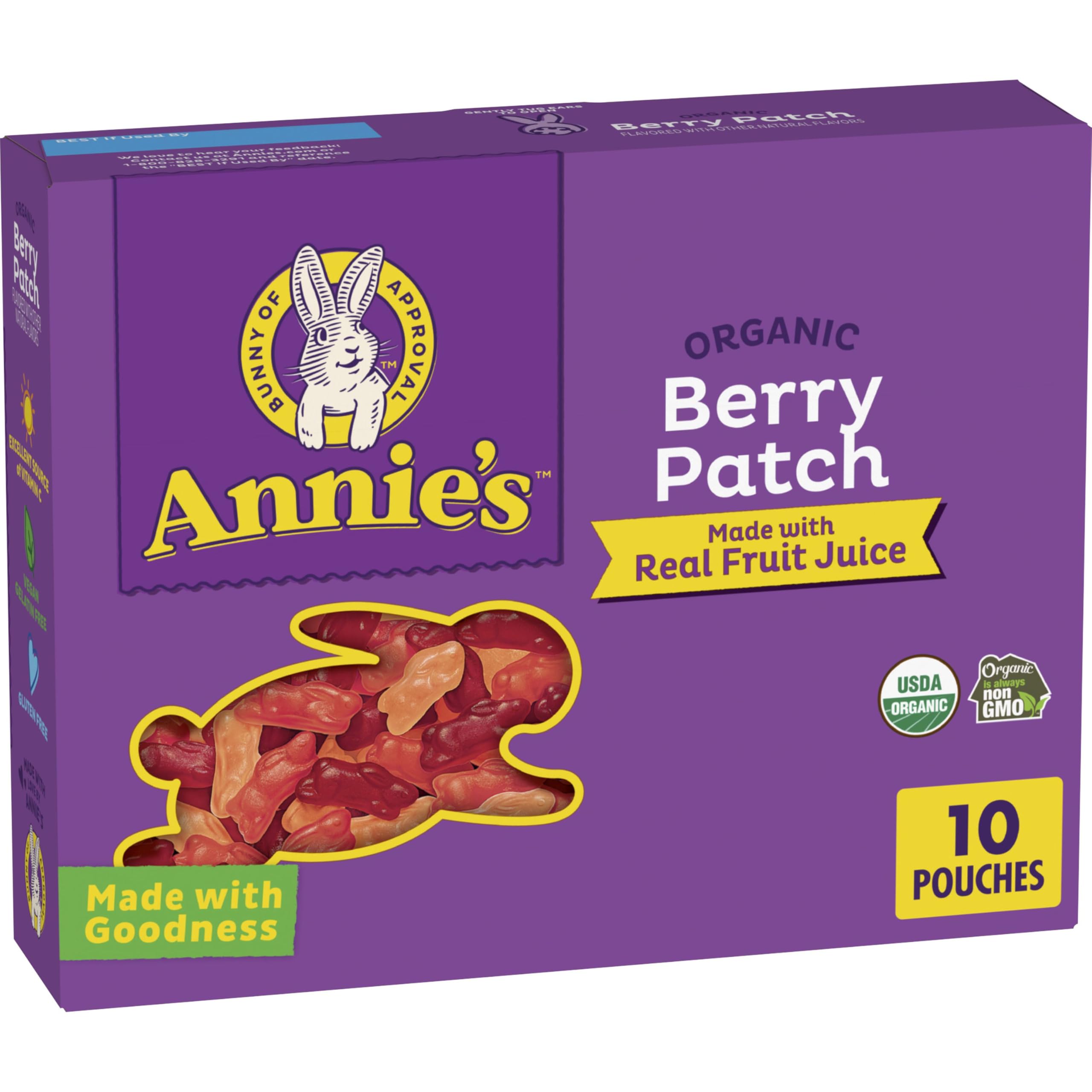 Annie's Berry Patch Bunny Snacks box on a store shelf, kid-friendly berry gummies.