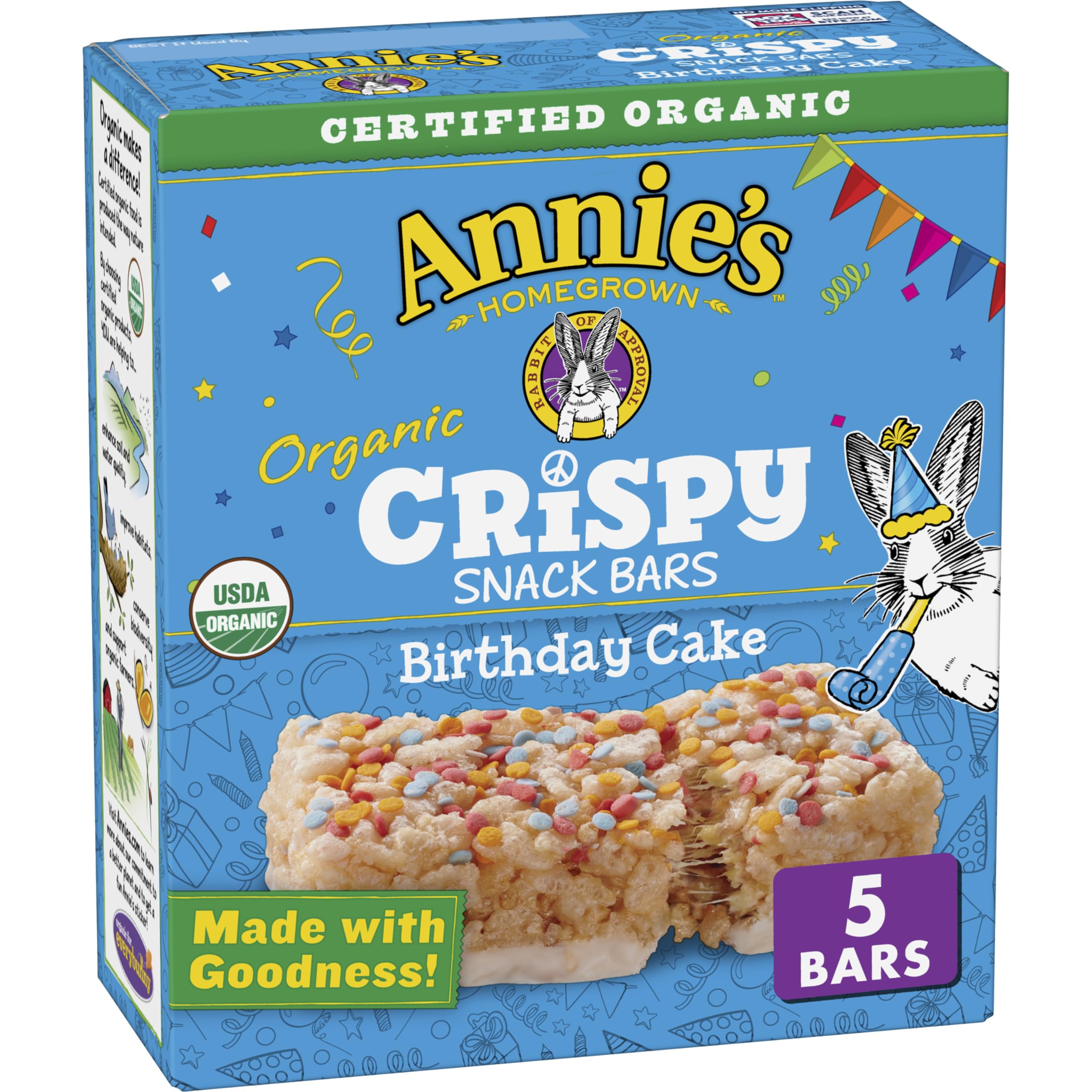 Annie's Birthday Cake Crispy Snack Bars box front, gluten-free and organic for lunchboxes