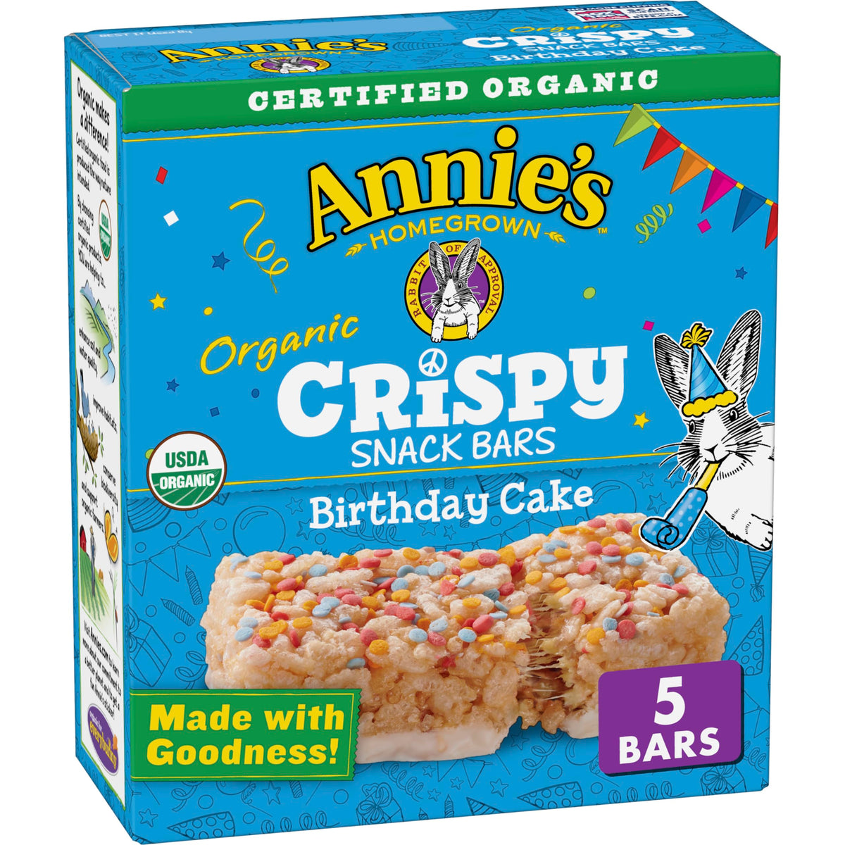 Annie's Birthday Cake Crispy Snack Bars box front, gluten-free and organic for lunchboxes