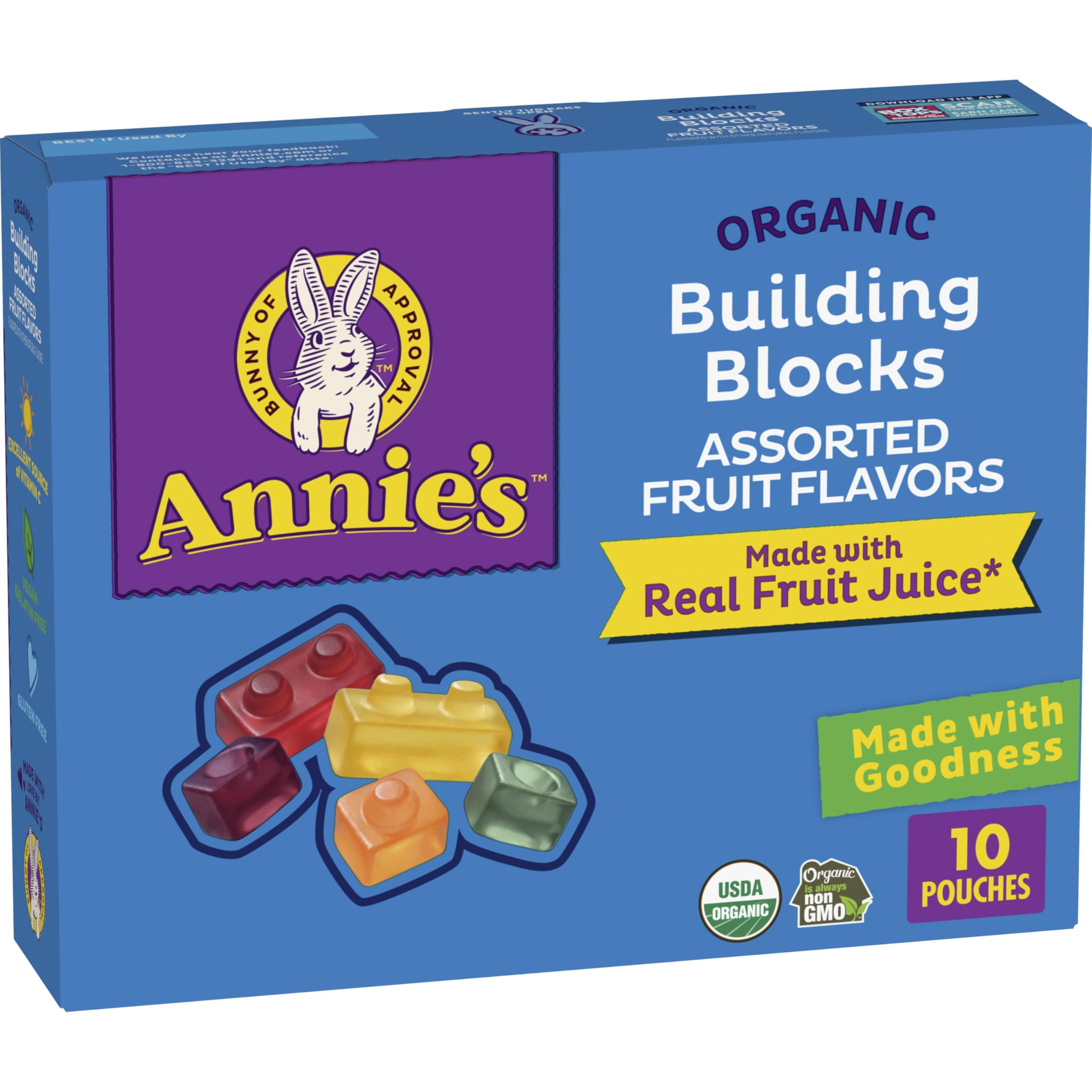 Annie's Building Blocks gummies in block shapes, organic and gluten-free for kids snacks.