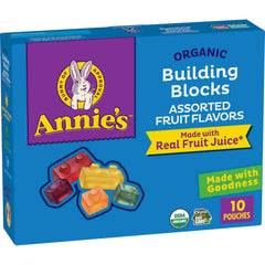 Annie's Building Blocks gummies in block shapes, organic and gluten-free for kids snacks.