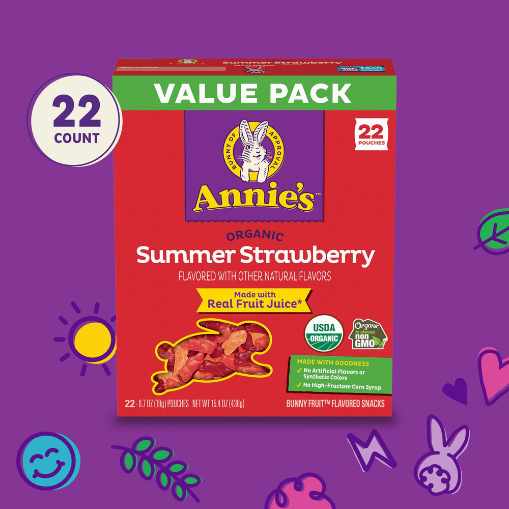 Label notes real fruit juice in Summer Strawberry snacks for natural fruit flavor.