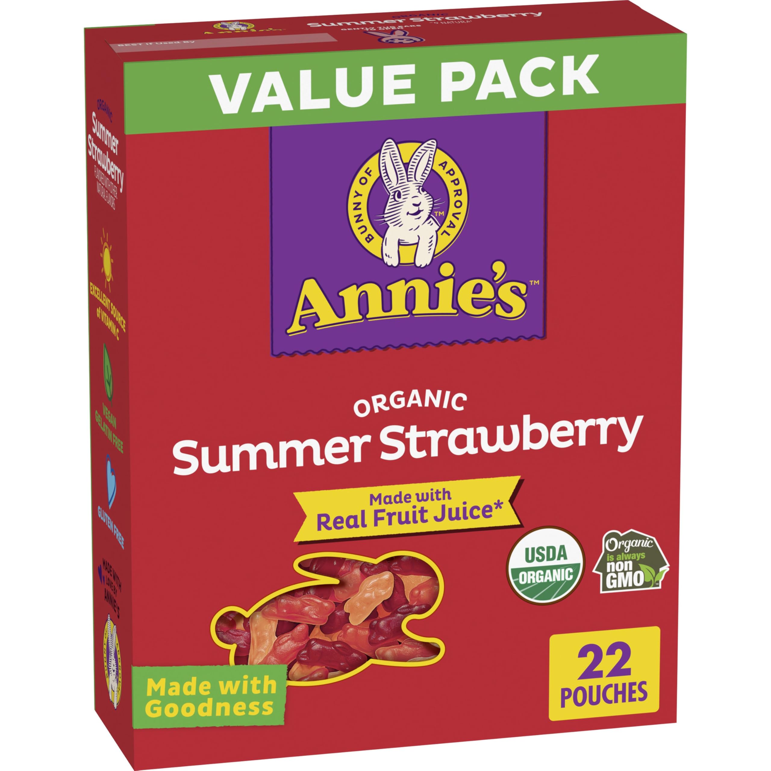 Annie's Organic Bunny Fruit Flavored Snacks Summer Strawberry pack front, gluten-free and kid-friendly.