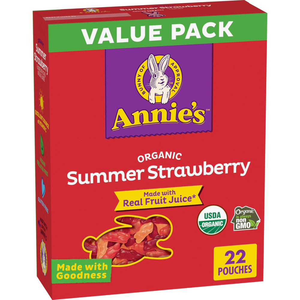 Annie's Organic Bunny Fruit Flavored Snacks Summer Strawberry pack front, gluten-free and kid-friendly.