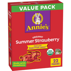 Annie's Organic Bunny Fruit Flavored Snacks Summer Strawberry pack front, gluten-free and kid-friendly.