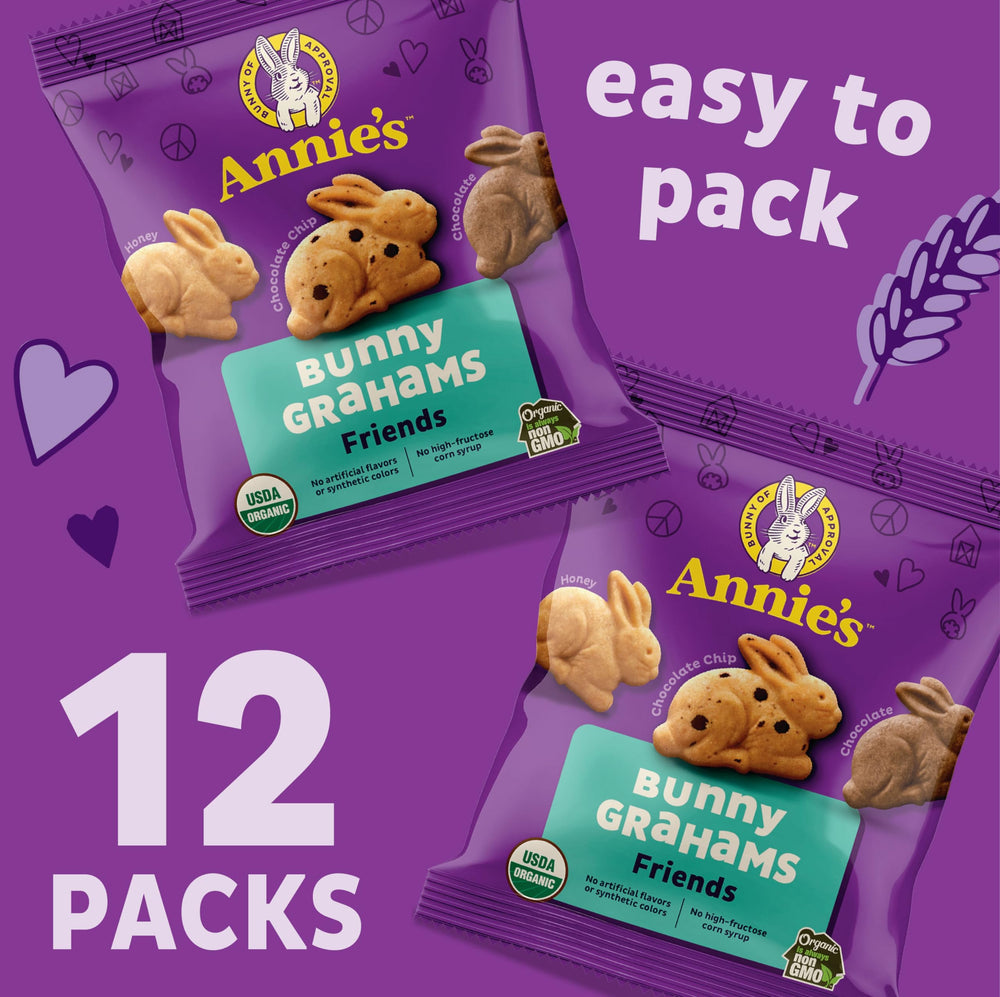 Annie's Bunny Grahams bunny shapes crackers in a colorful bag.