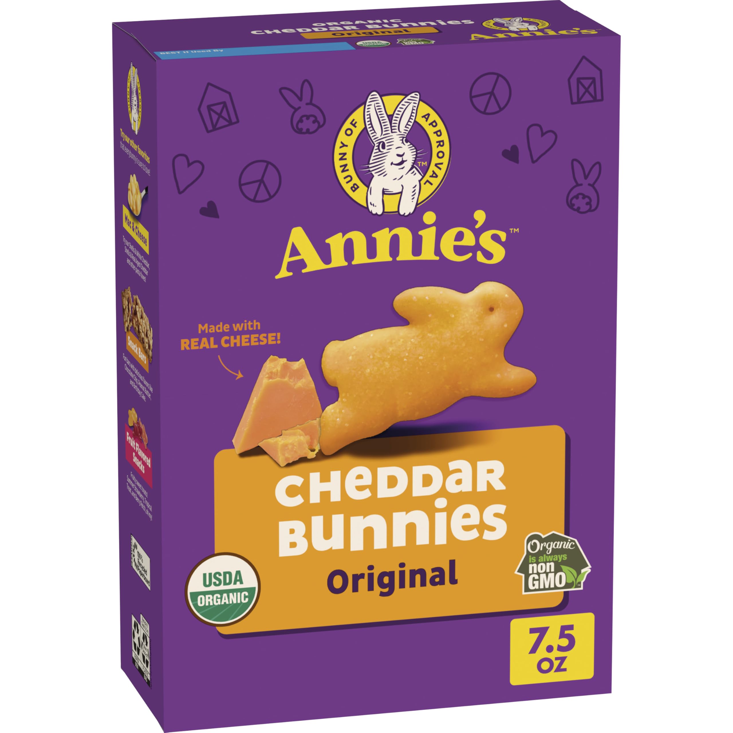 Annie's Organic Cheddar Bunnies baked crackers in bunny shapes, perfect for lunchboxes.