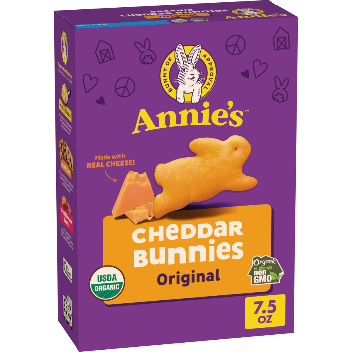 Annie's Organic Cheddar Bunnies baked crackers in bunny shapes, perfect for lunchboxes.