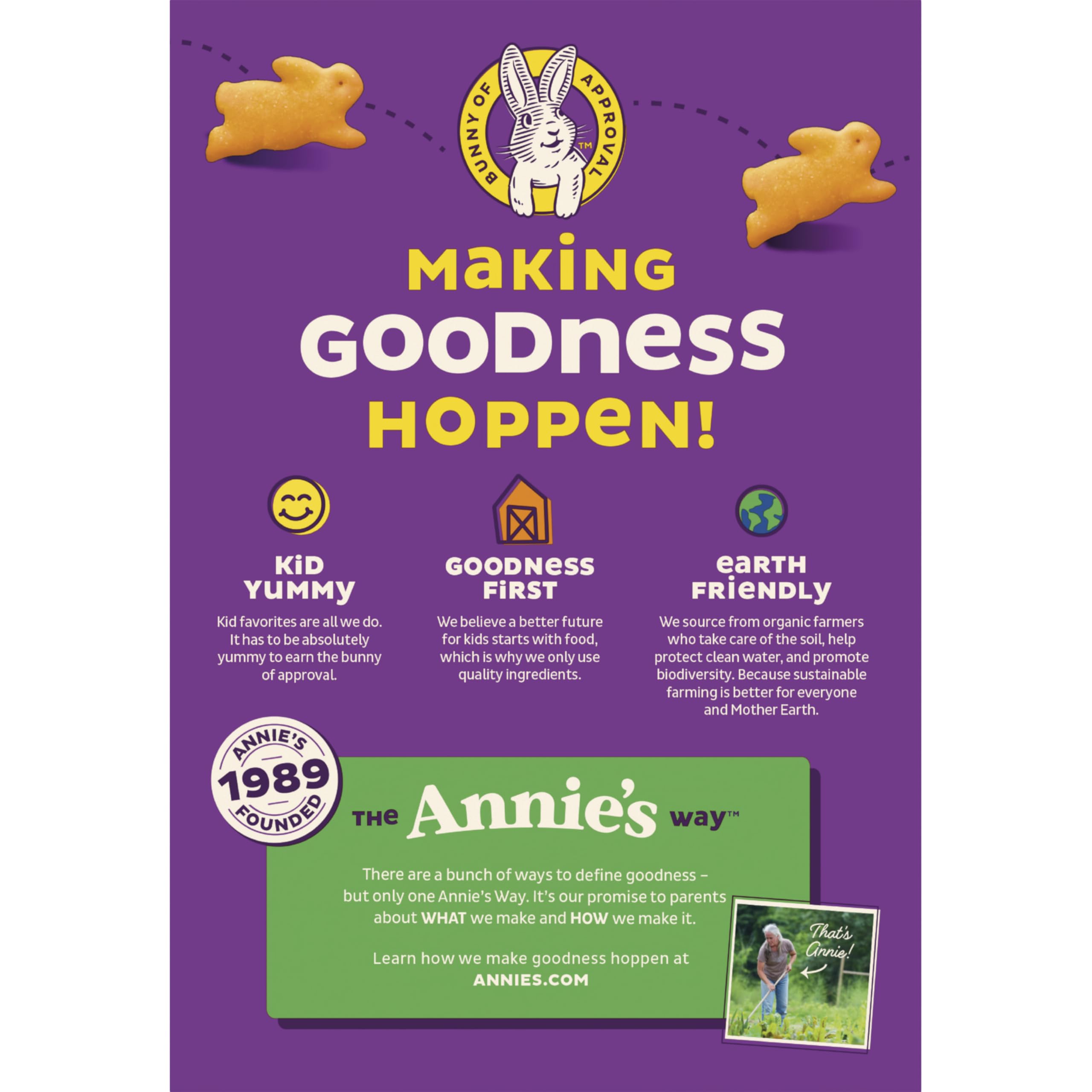 Annie's Cheddar Bunnies real cheese detail with organic ingredients.