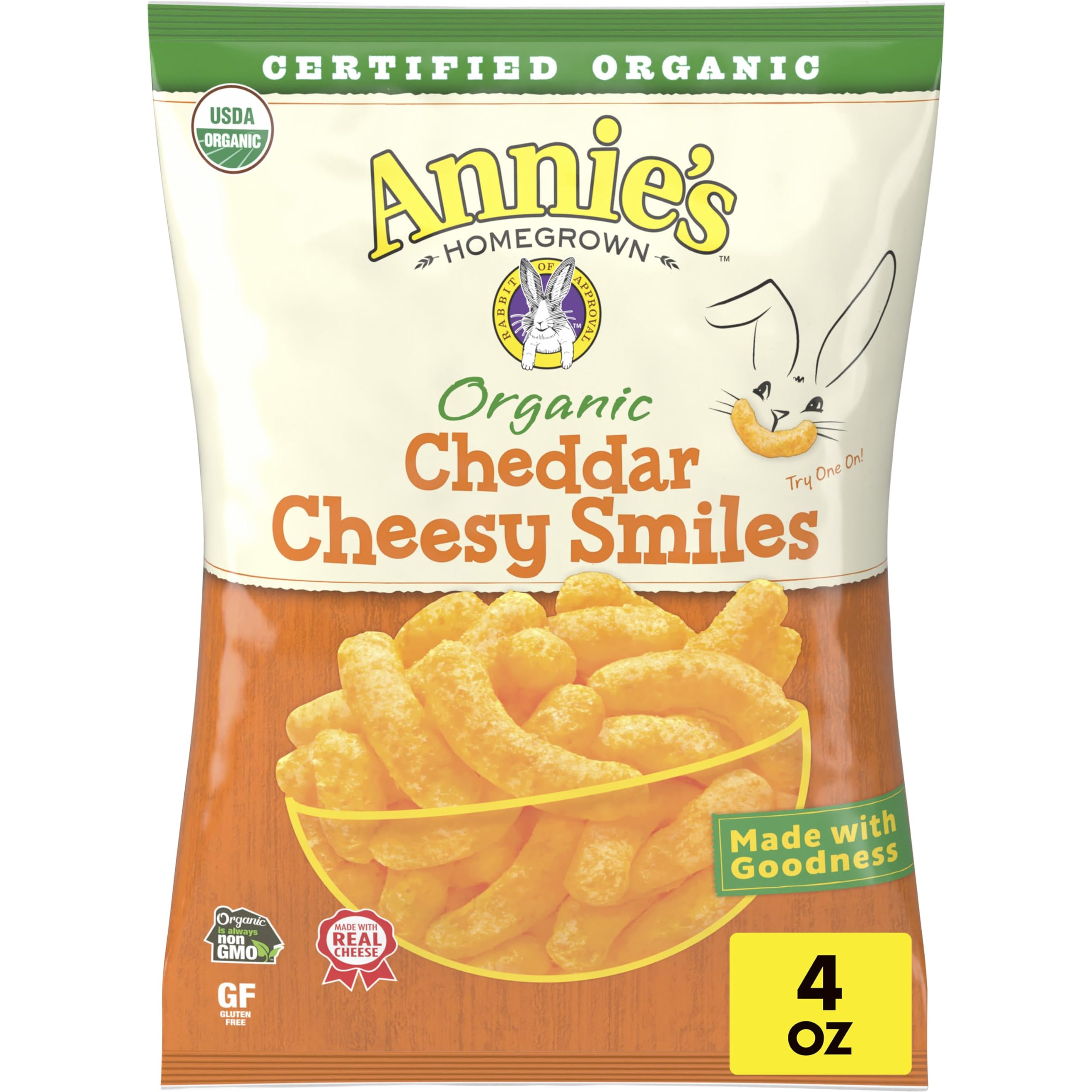 Annie's Cheddar Cheesy Smiles puffs in a pack, gluten-free snack option