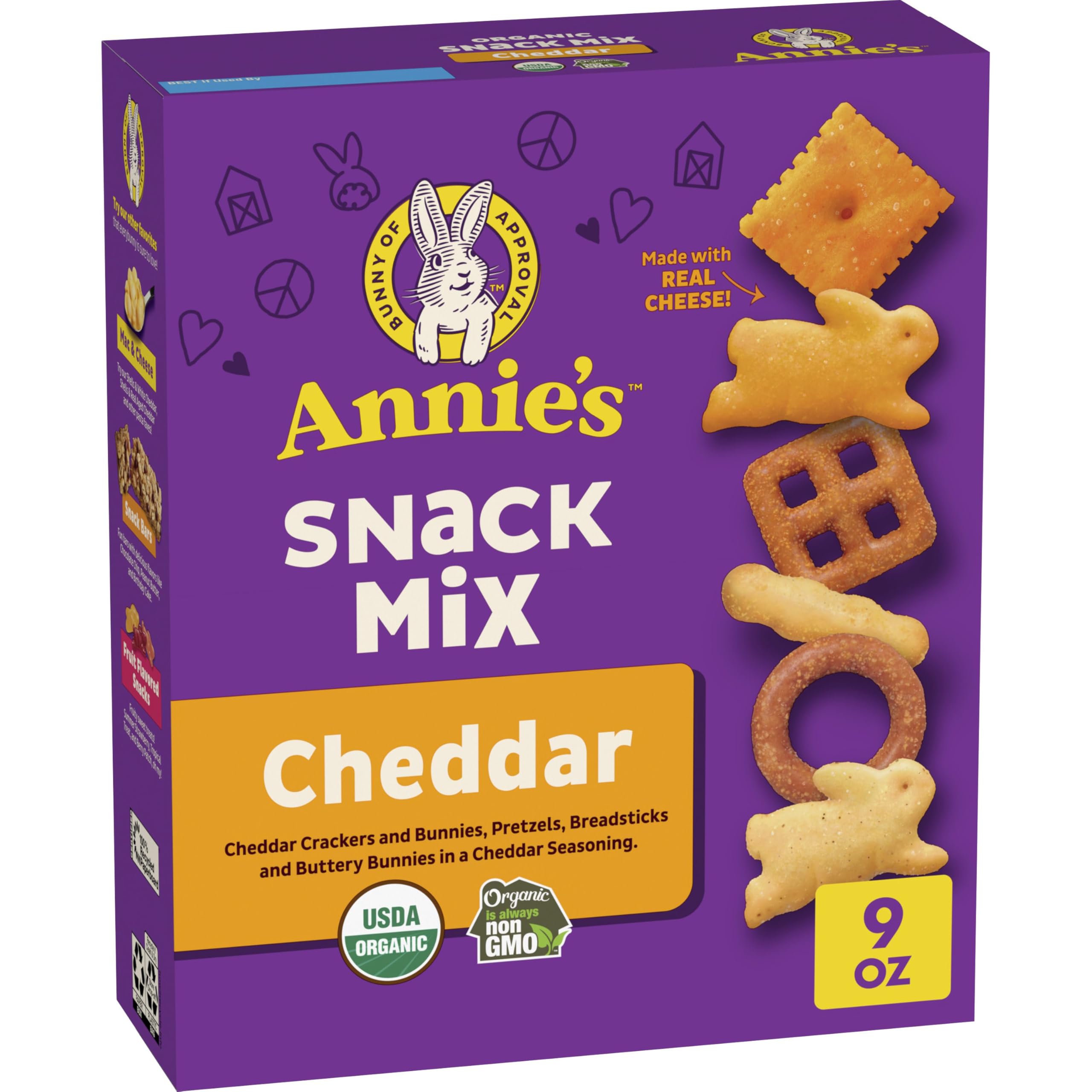 Annie's Cheddar Snack Mix bunny crackers closeup ideal for kid-friendly snacking