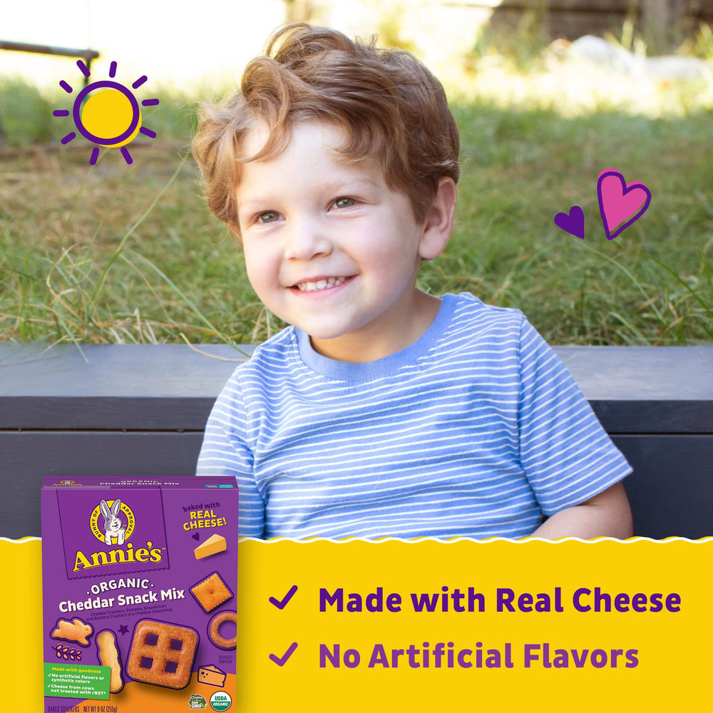 Annie's Cheddar Snack Mix packaging front showing organic and non-GMO quality