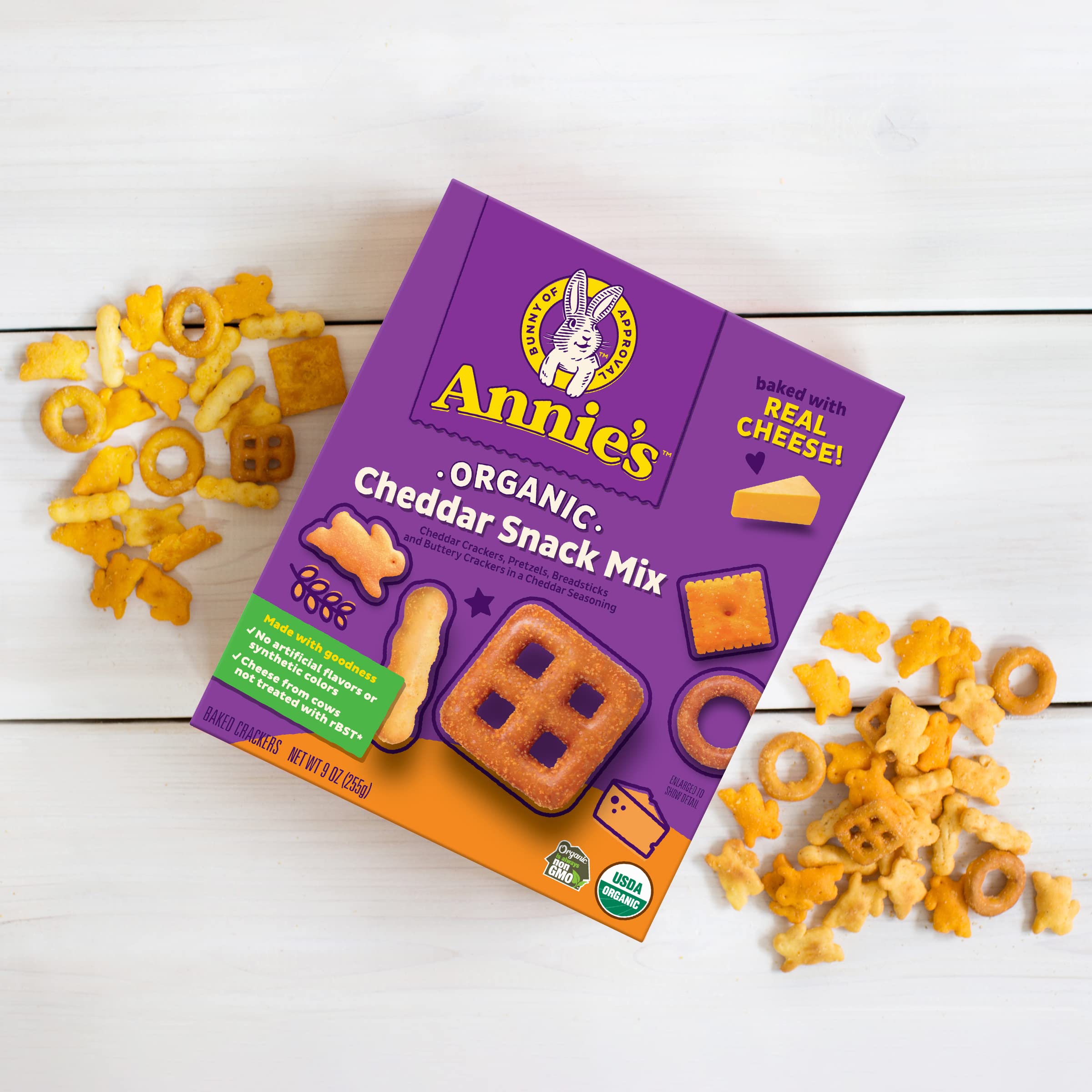 Annie's Cheddar Snack Mix in a snack bowl suitable for lunchboxes or parties