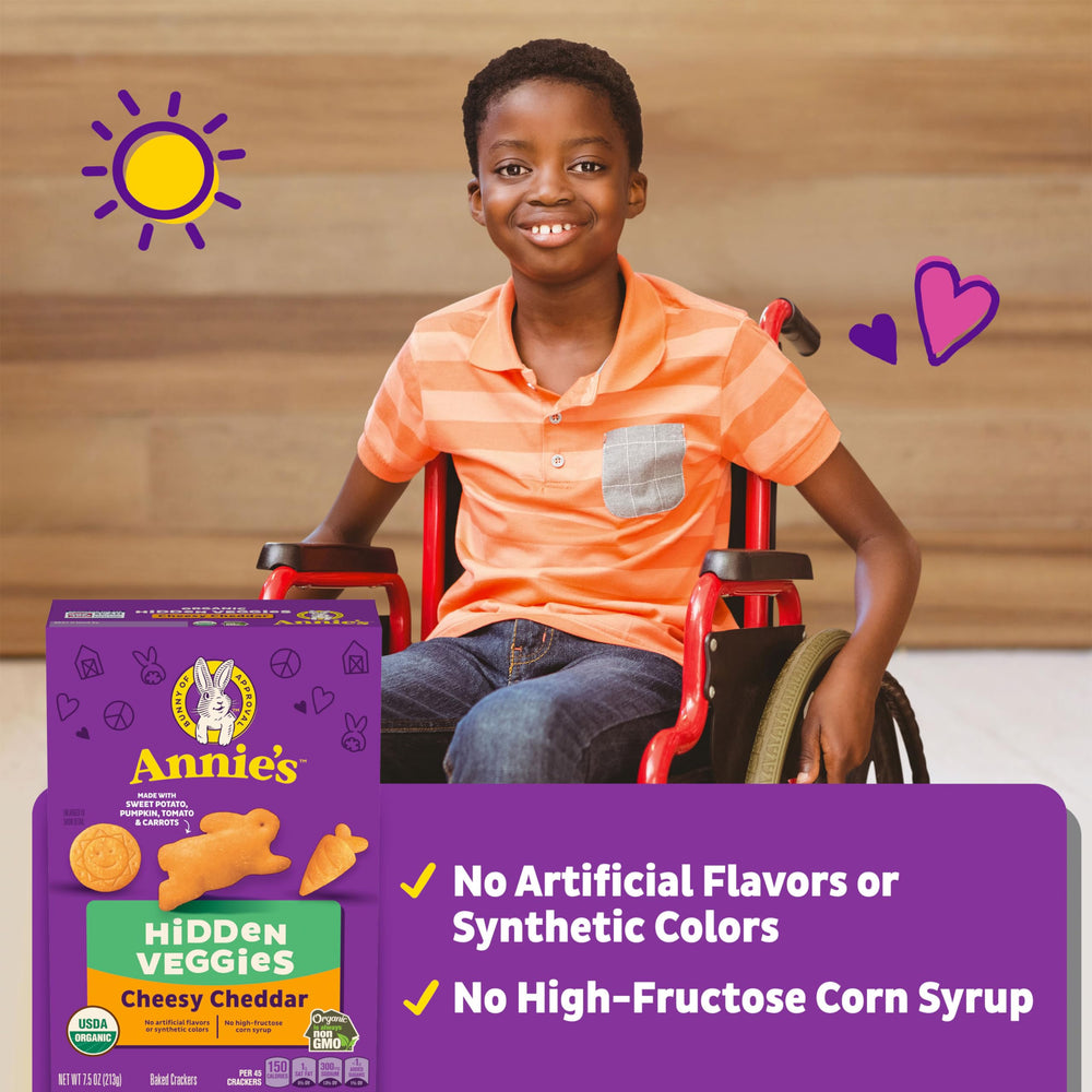 Annie's Cheesy Cheddar Crackers deliver kid-friendly flavor and veggie goodness.