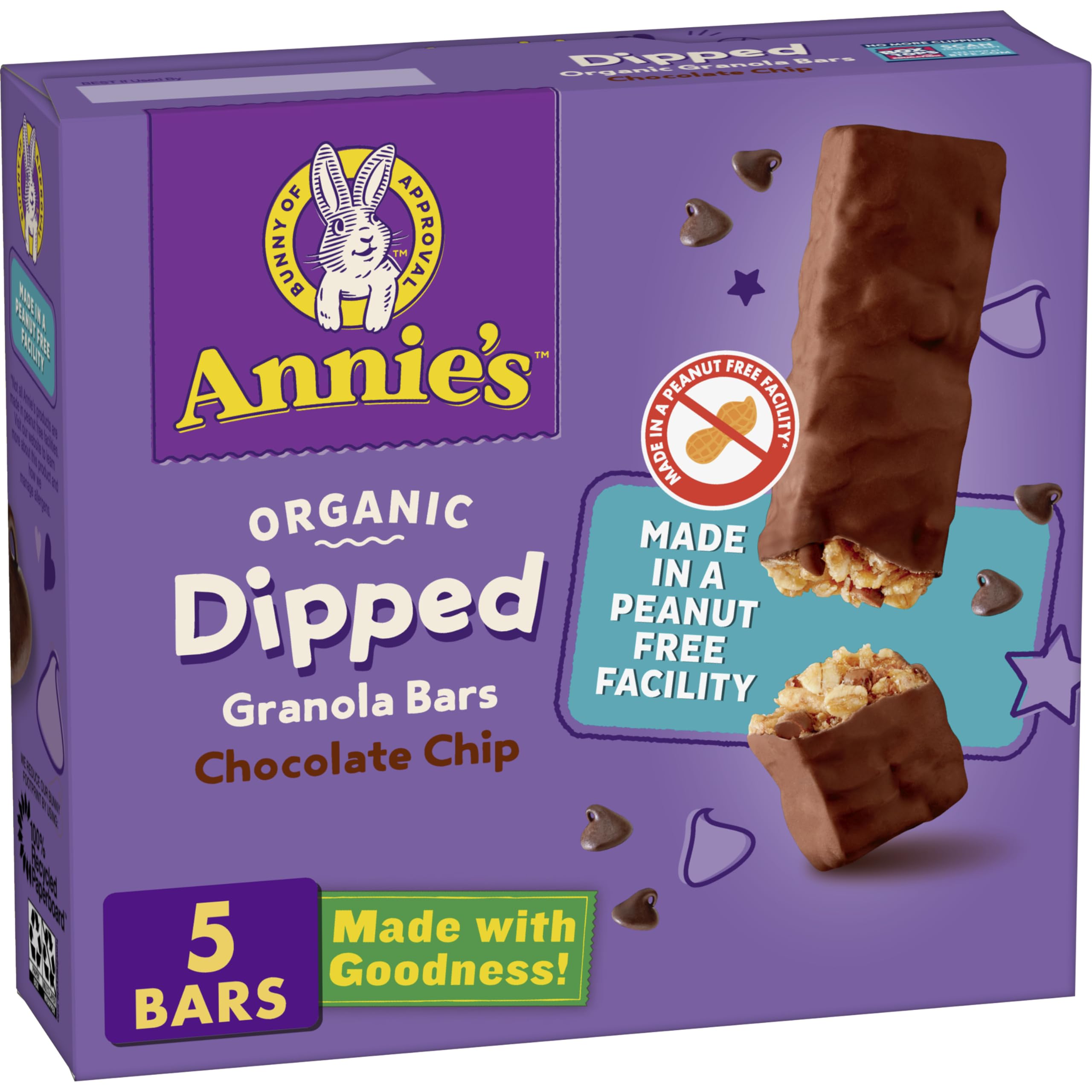 Annie's Chocolate Dipped Granola Bars pack shot, convenient snack for on-the-go.