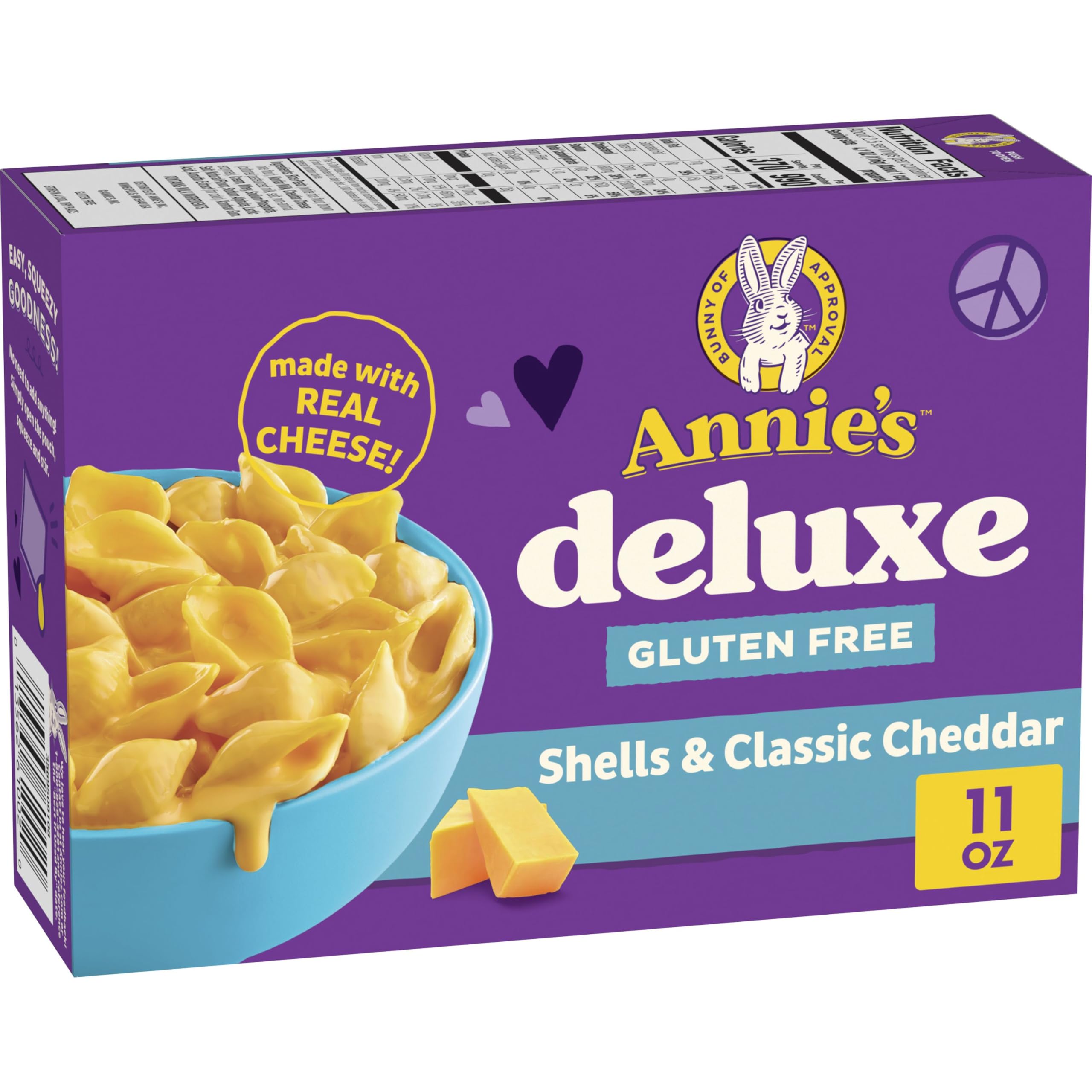 Annie's Deluxe Gluten Free Mac N Cheese box front, a gluten-free pantry staple for quick dinners.