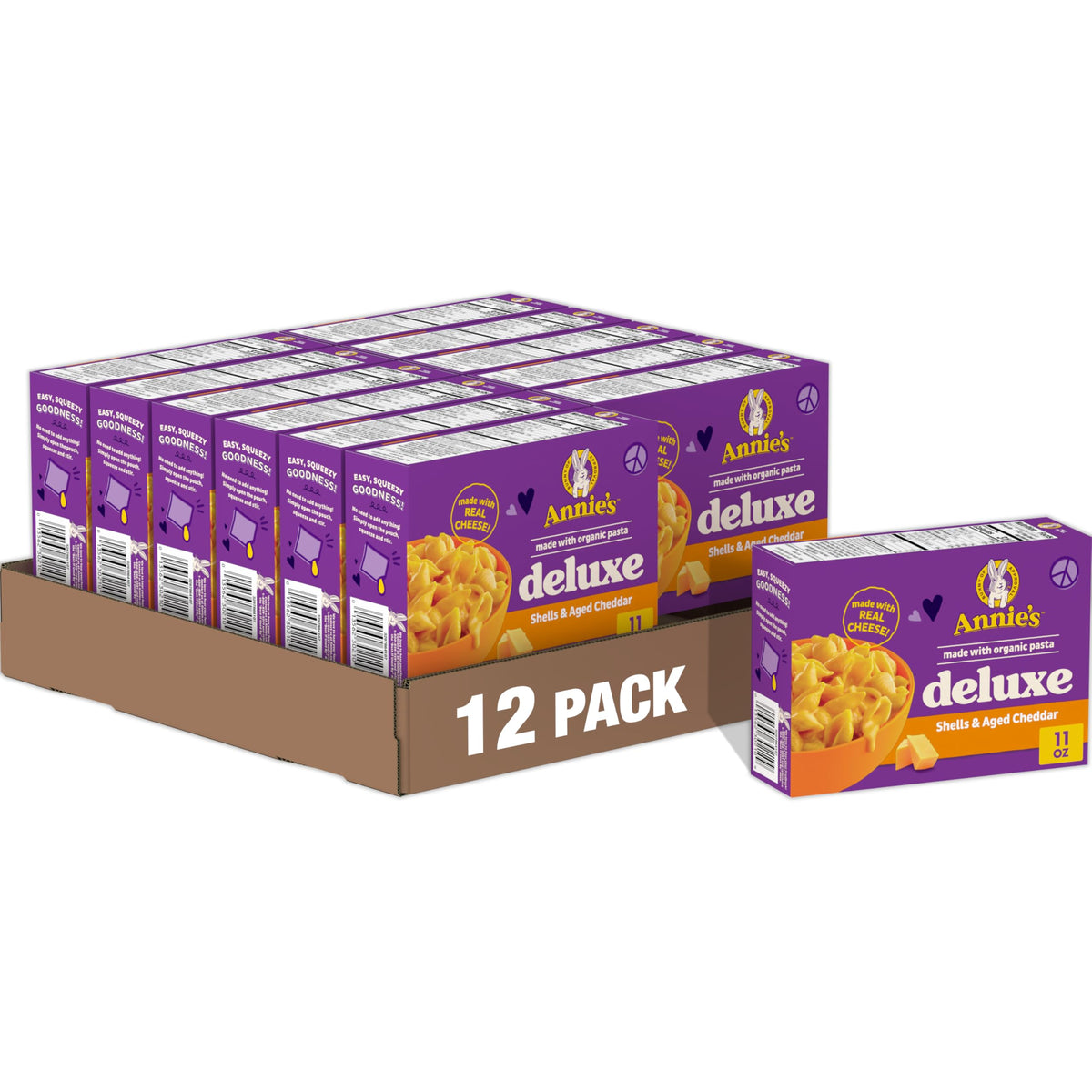 Annie's Deluxe Shells and Aged Cheddar box front with organic pasta