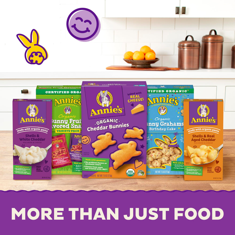 Annie's Deluxe Shells and Aged Cheddar packaging highlights ingredients