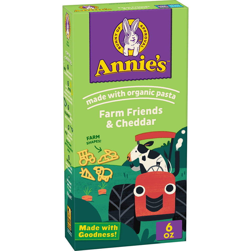 Annie's Farm Friends and Cheddar packaging highlights real cheese and organic pasta for families.