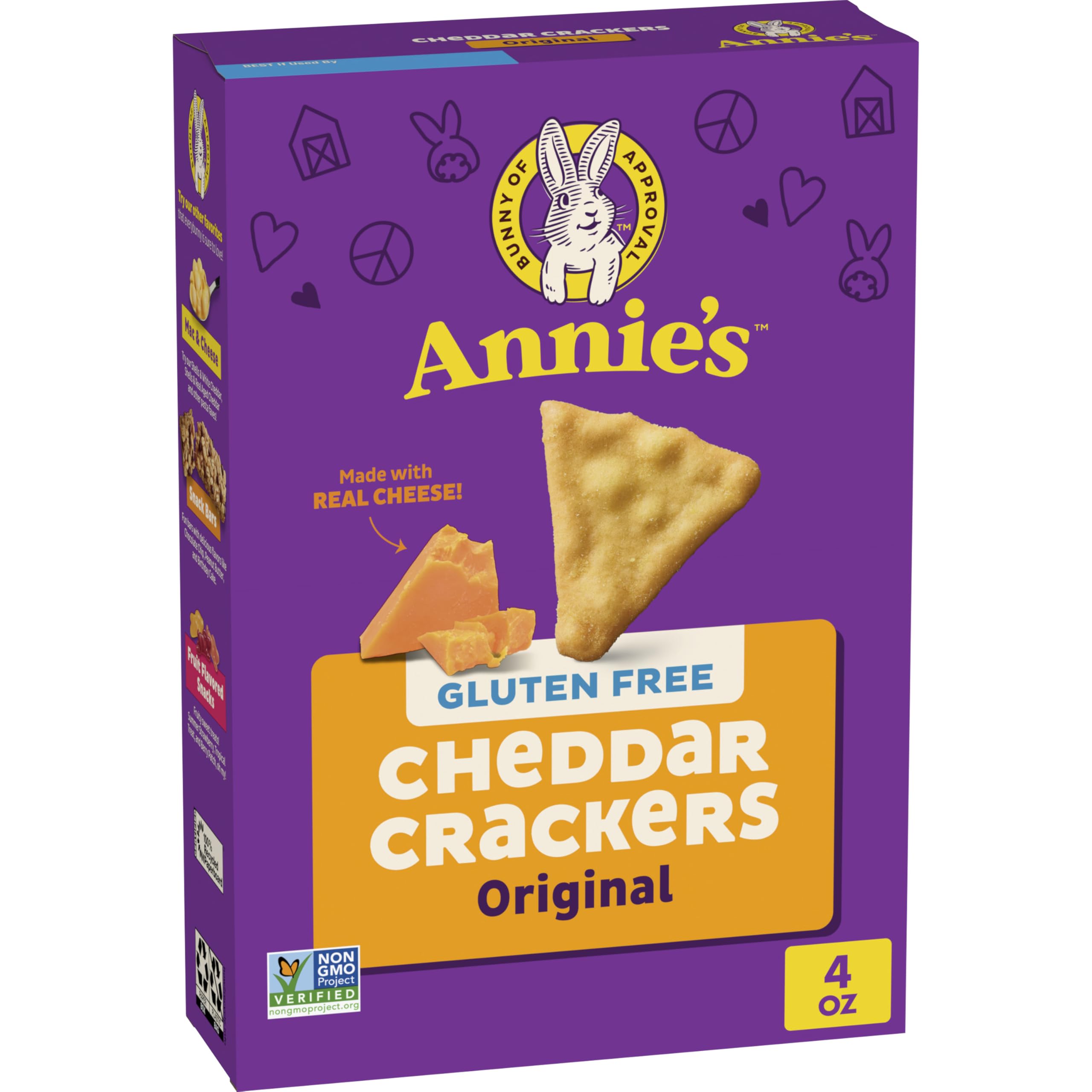 Annie's gluten-free cheddar crackers close-up highlights a crispy, cheesy texture for snacking