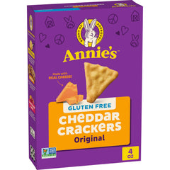 Annie's gluten-free cheddar crackers close-up highlights a crispy, cheesy texture for snacking