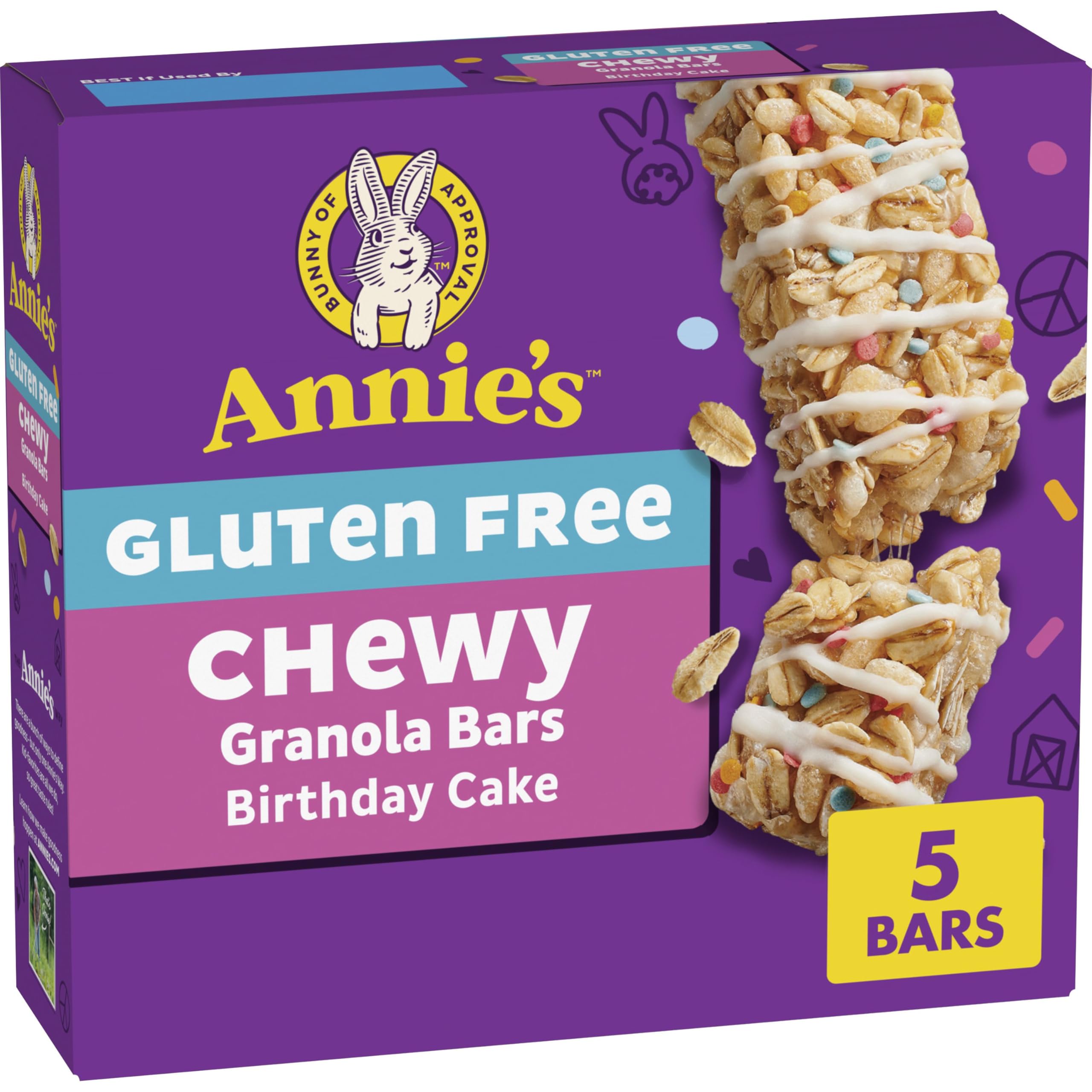 Annie's Gluten Free Chewy Granola Bars Birthday Cake packaging on a counter, ideal for lunchboxes.