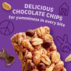 Annie's bar closeup reveals rich chocolate chips and a chewy texture.