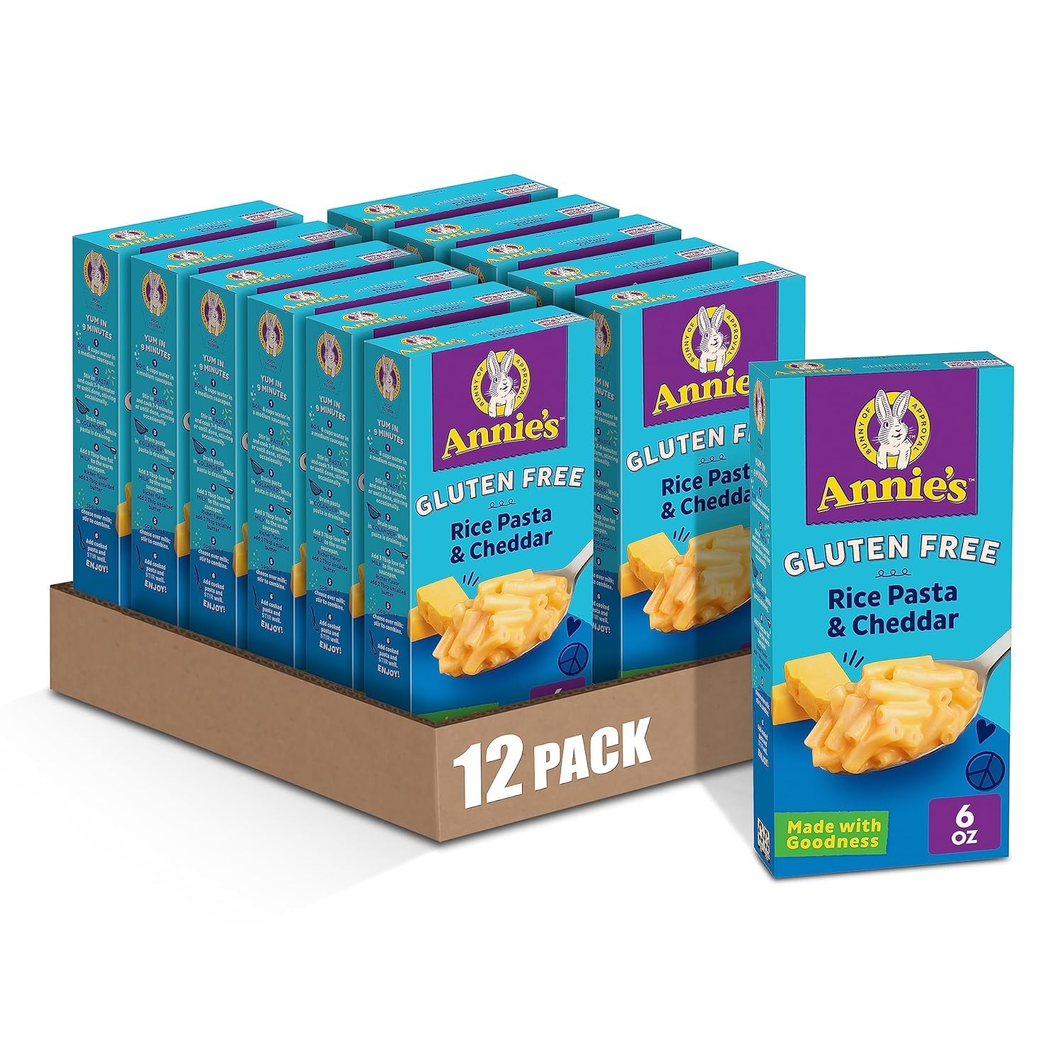 Annie's Gluten Free Rice Pasta Cheddar 12-pack on shelf for quick meals