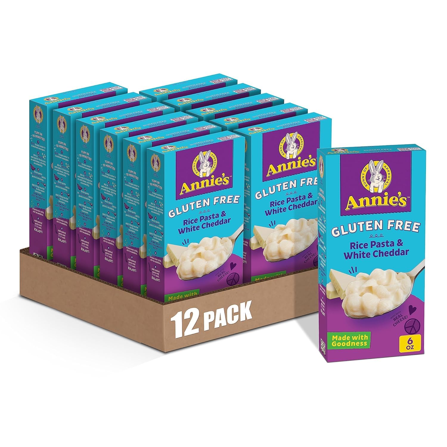 Annie’s Gluten Free Rice Pasta and White Cheddar box front highlighting real cheese flavor.