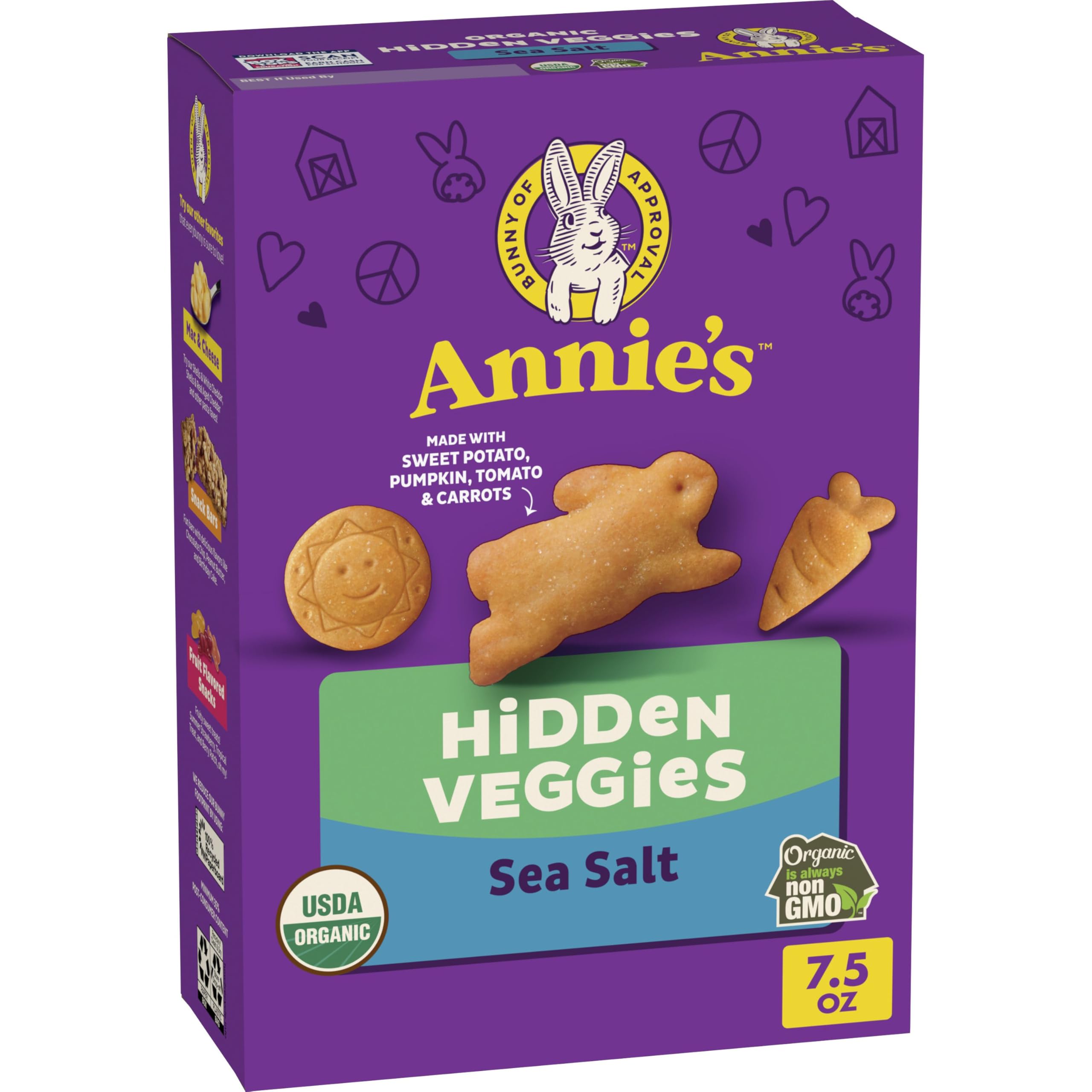 Annie's Hidden Veggie Crackers sea salty box on the shelf, convenient family snack.