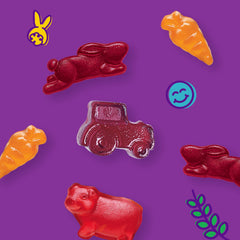 Close-up of farm-shaped gummies with real fruit juice flavor