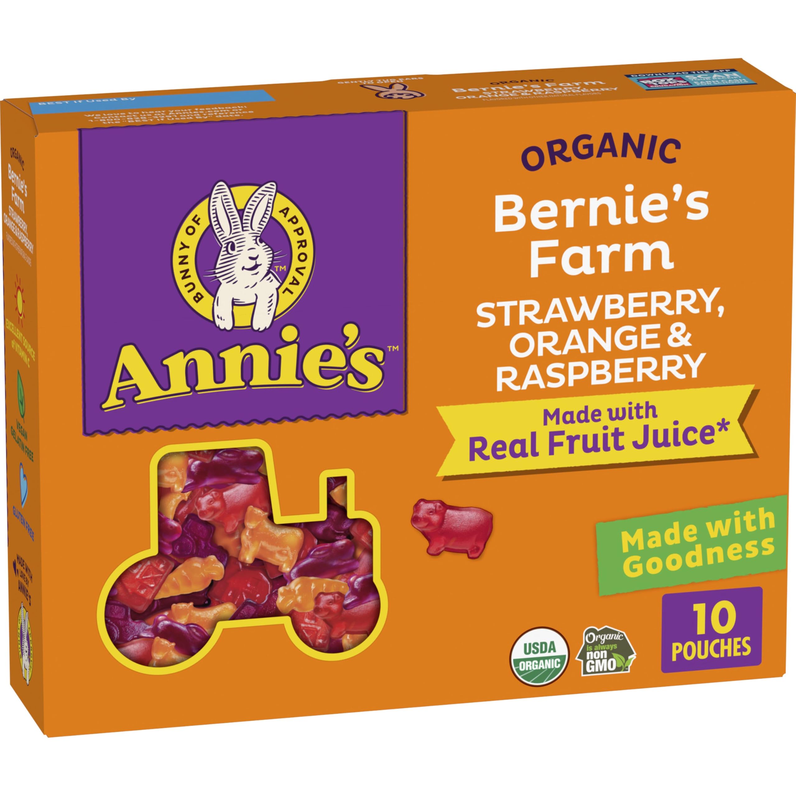 Annie's Bernie's Farm pack shot; gluten-free, organic fruit gummies for families
