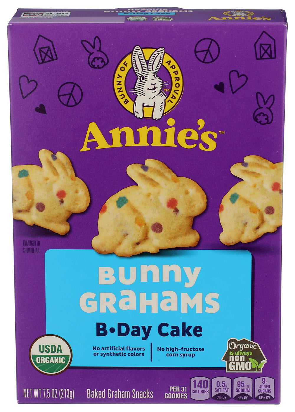 Annie's Homegrown Birthday Cake Bunny Grahams pack, kid-friendly crunchy organic crackers.