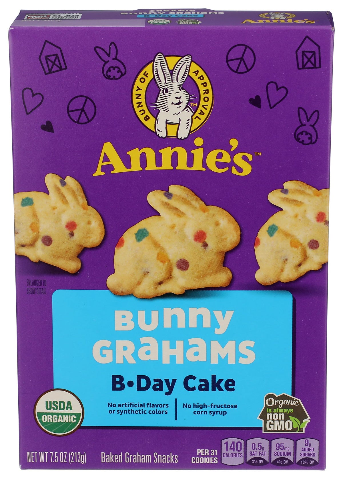 Annie's Homegrown Birthday Cake Bunny Grahams pack, kid-friendly crunchy organic crackers.