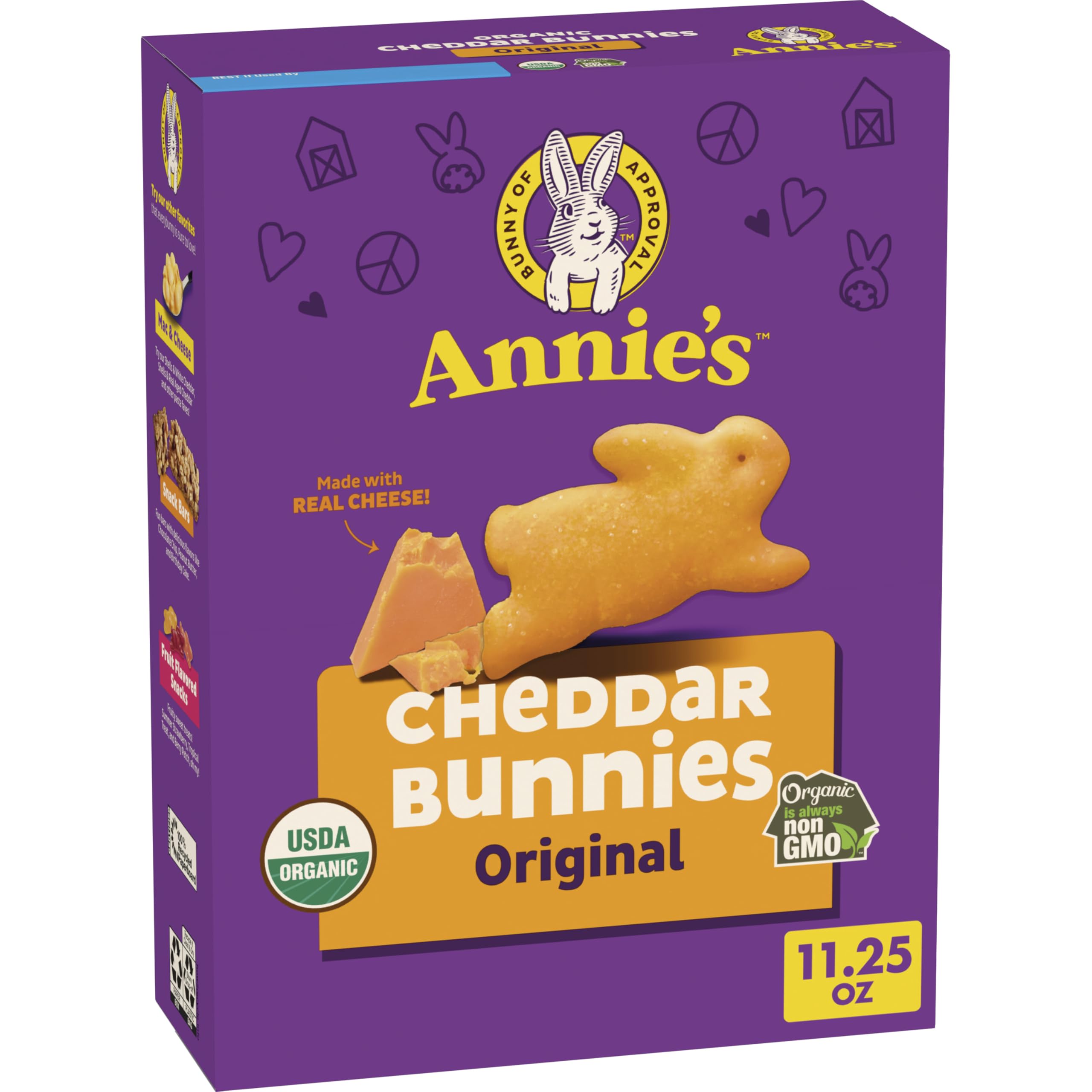Annie's Homegrown Cheddar Bunnies crackers close-up, showcasing cheesy, kid-friendly flavor.