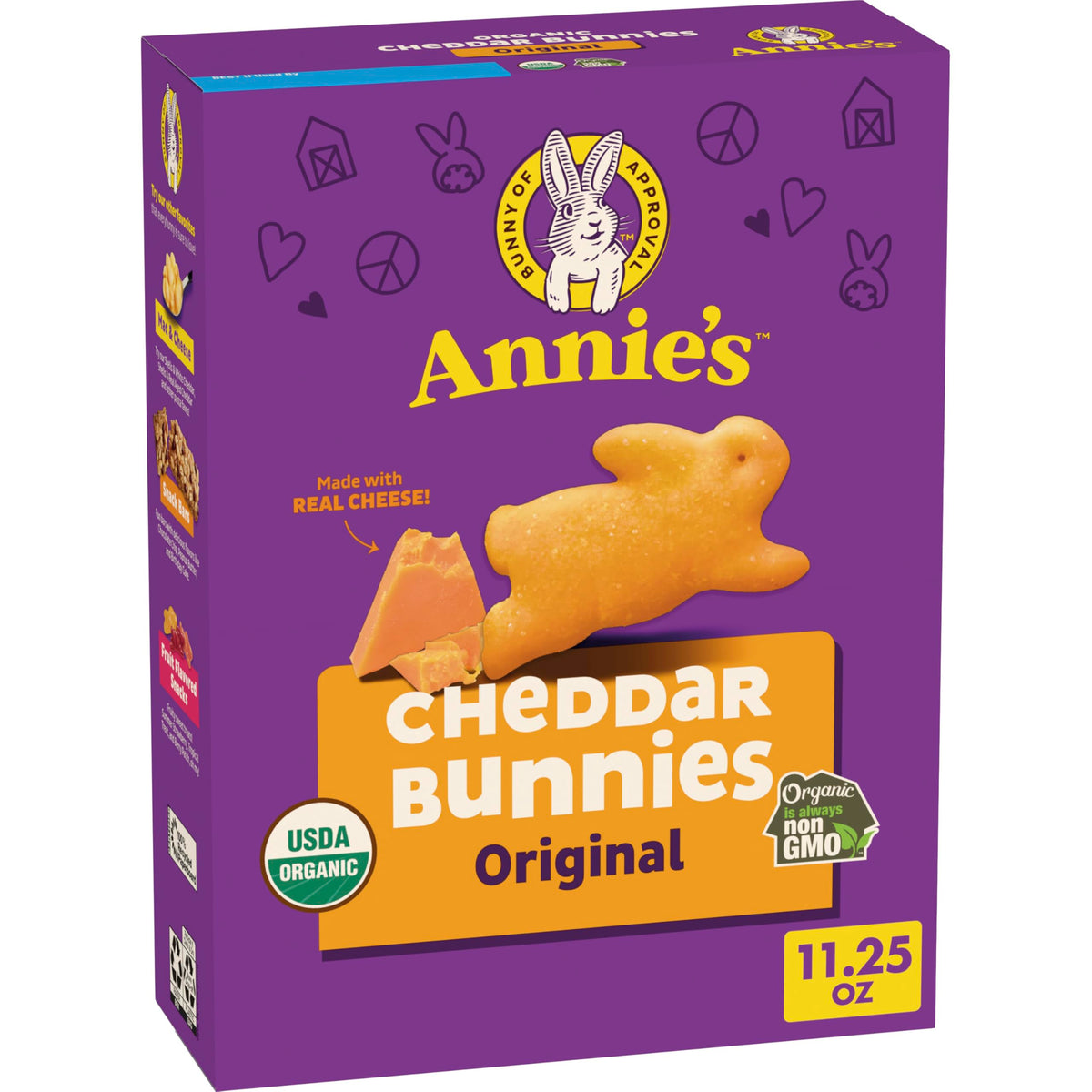 Annie's Homegrown Cheddar Bunnies crackers close-up, showcasing cheesy, kid-friendly flavor.