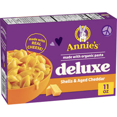 Annie's Homegrown Deluxe Shells box-front for a quick family dinner option.