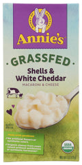 Annie's Homegrown macaroni shells with white cheddar in a 6 oz pack, convenient for quick family meals.