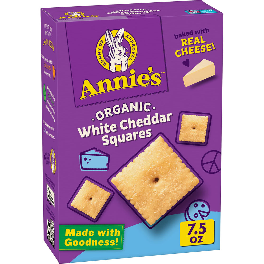 Annie's Homegrown Organic White Cheddar Squares crackers in a box, perfect for quick after-school snacks.