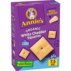 Annie's Homegrown Organic White Cheddar Squares crackers in a box, perfect for quick after-school snacks.